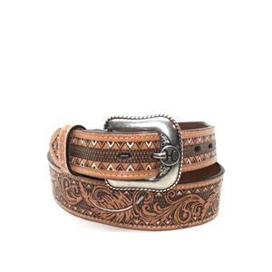 HOOey Brown & Ivory Tooled Leather War Paint Belt sz 36 Like NEW